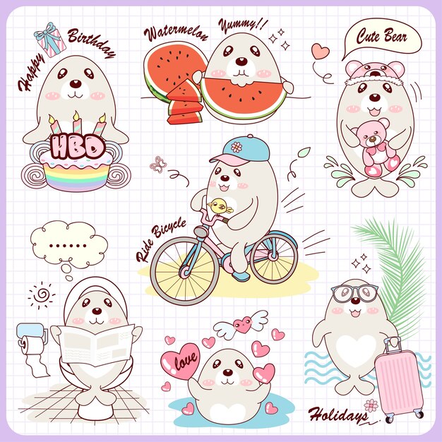 Vector cute set sea lion happy