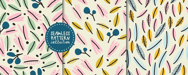 A cute set of seamless patterns with leaves and flowers in a simple style Vector backgrounds