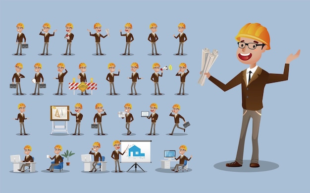 Vector cute set  set of engineer with different emotion