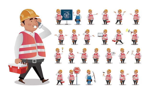 Vector cute set  set of engineer with different emotion