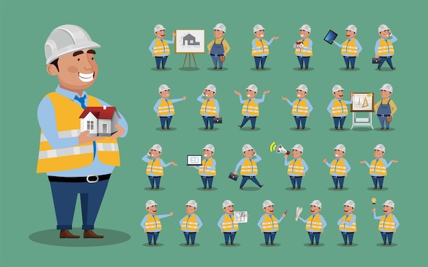 cute set  set of engineer with different emotion