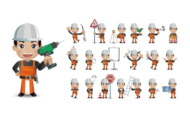 Vector cute set  set of worker with different emotion