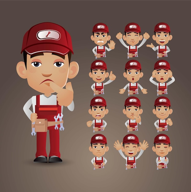 Cute set - set of worker with different emotions