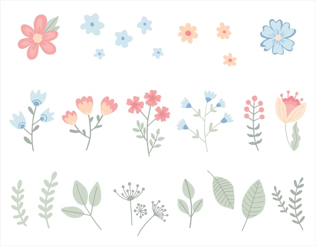 Simpatico set di fiori semplici cartoon elementi infantili isolati su bianco piante da vivaio disegnate a mano foglie ramoscelli erba illustrazione vettoriale semplice