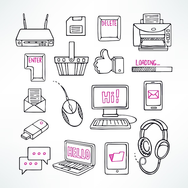 Cute set of sketch computer icons on white background. hand-drawn illustration