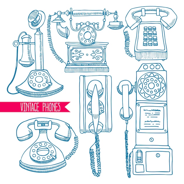cute set of sketch vintage phones. hand-drawn illustration
