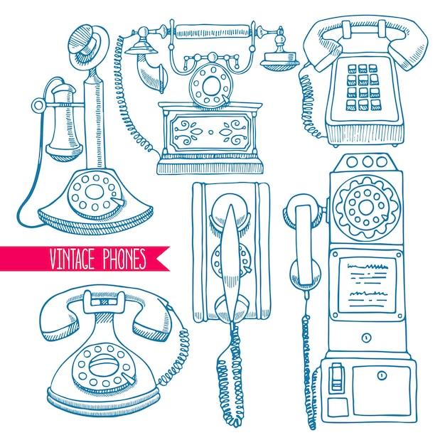 Vector cute set of sketch vintage phones. hand-drawn illustration