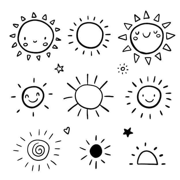 Vettore simpatico set di icone del sole. soli sorridenti felici divertenti. felice doodles personaggio dei cartoni animati luminoso e bello