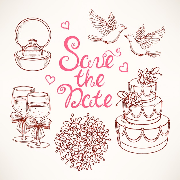 Set carino per un matrimonio con un paio di colombe, torta nuziale e bouquet. illustrazioni disegnate a mano.
