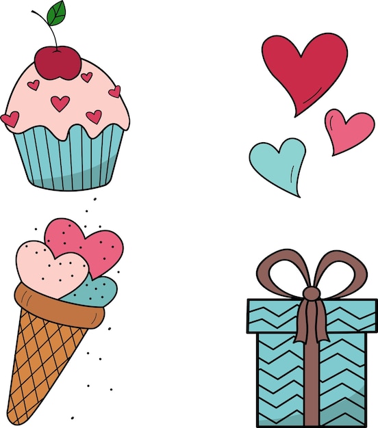Симпатичный набор с кексом, мороженым, подарок на день святого Валентина, свадьба, романтическое событие, контурная векторная икона