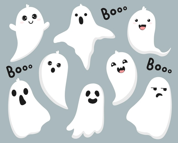 Cute set with halloween ghosts isolated on blue background Joyful spooky or funny comic character Kawaii ghost collection