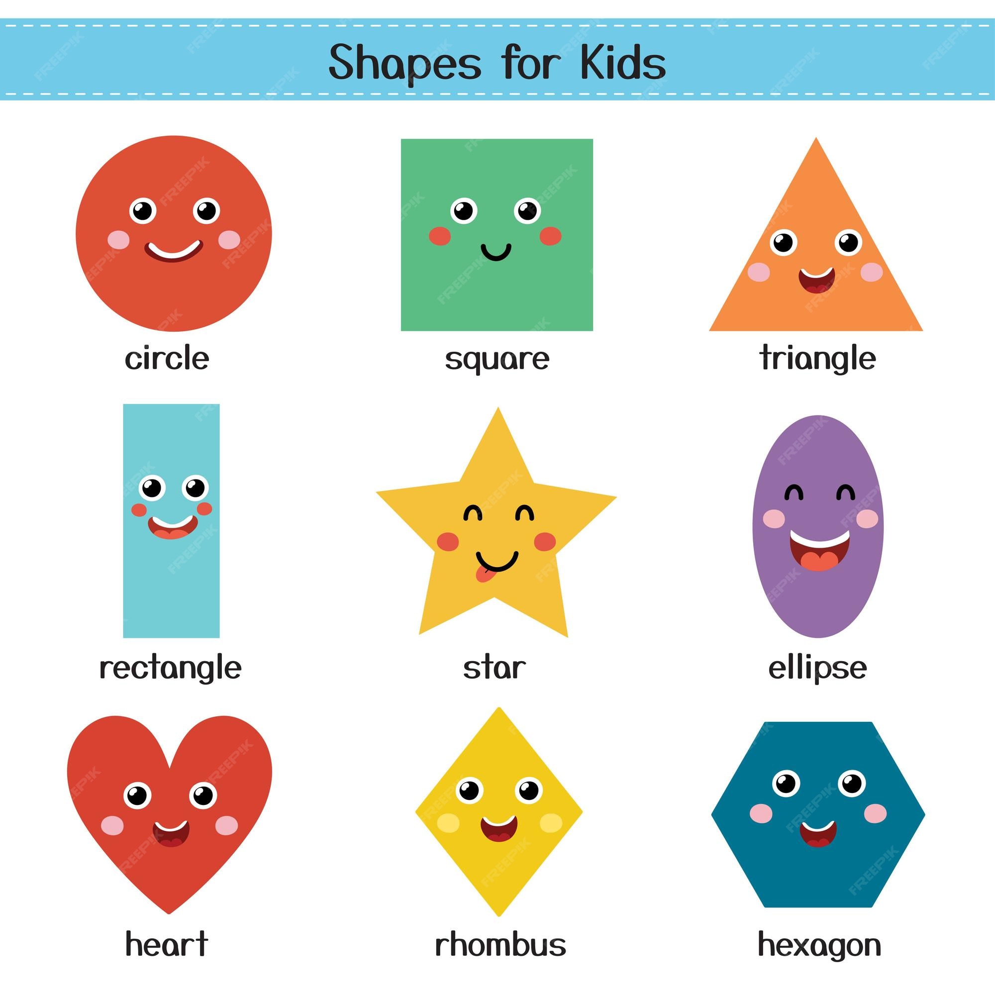 Cute shapes for kids poster learning basic geometric shapes with characters for preschool | Download on Freepik