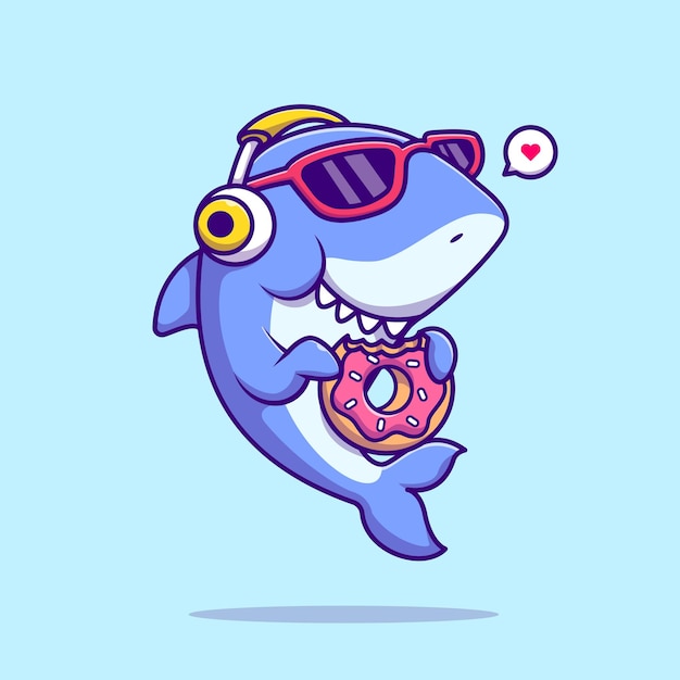 cute shark eating donut with headphone cartoon vector icon illustration animal food icon isolated