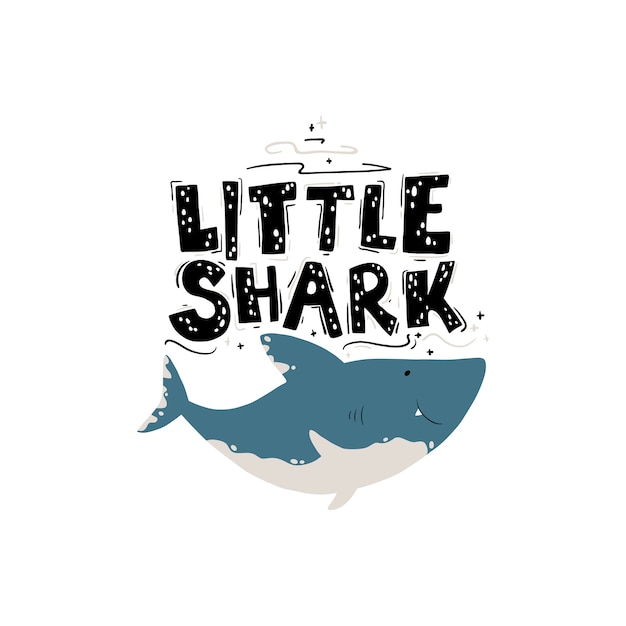 Cute shark. funny card for baby boy with lettering: little shark.