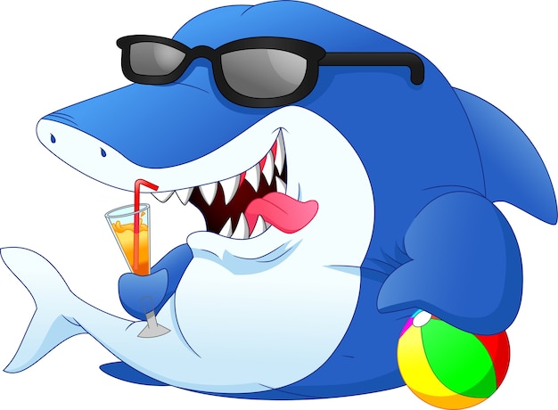 Vector cute shark is drinking orange juice