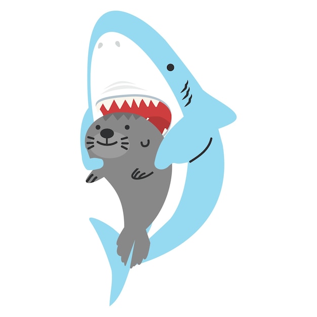 Vector cute shark open mouth with sea lion