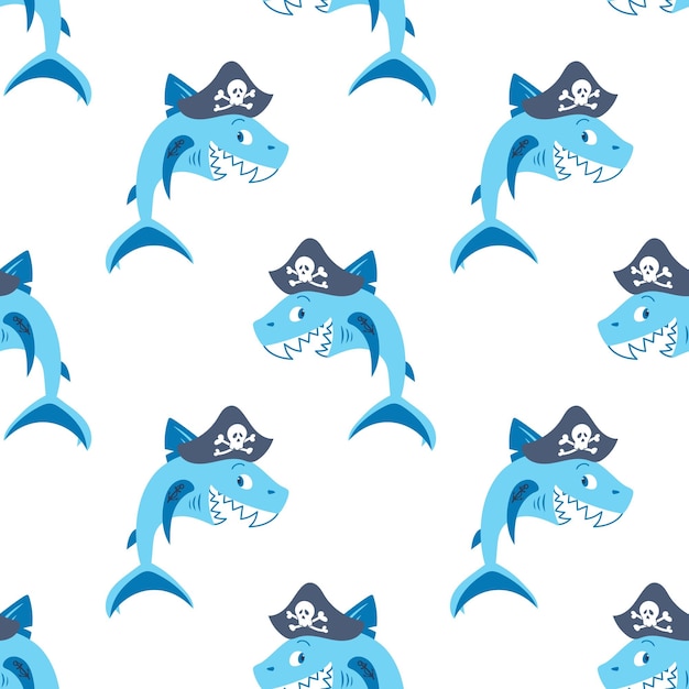 Vector cute shark pirate in a cocked hat laughs anchor tattoo on fin children cartoon character adventures and travel seamless pattern in flat style for wallpaper fabric wrapping background