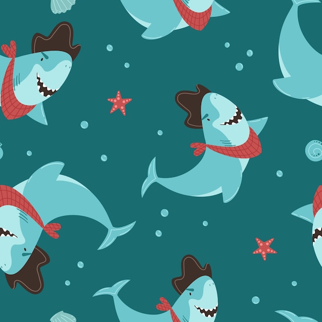 Cute shark pirate vector seamless pattern Sea shells starfish and bubbles Graphic print for baby items