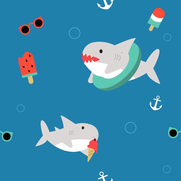 Cute shark in summer theme seamless pattern for print or fabric