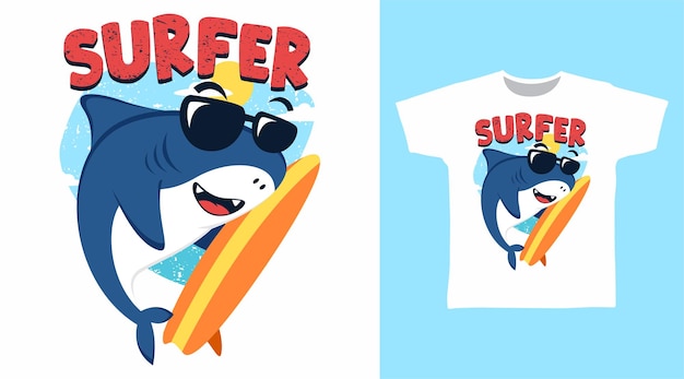 Cute shark surfer illustration t shirt design