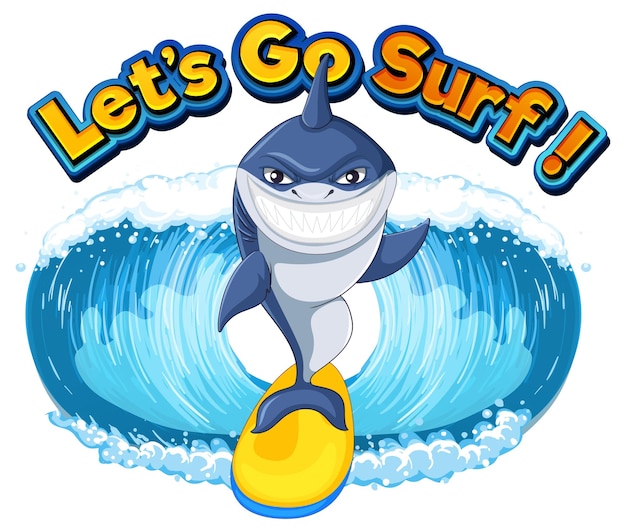 Vector cute shark surfing cartoon icon