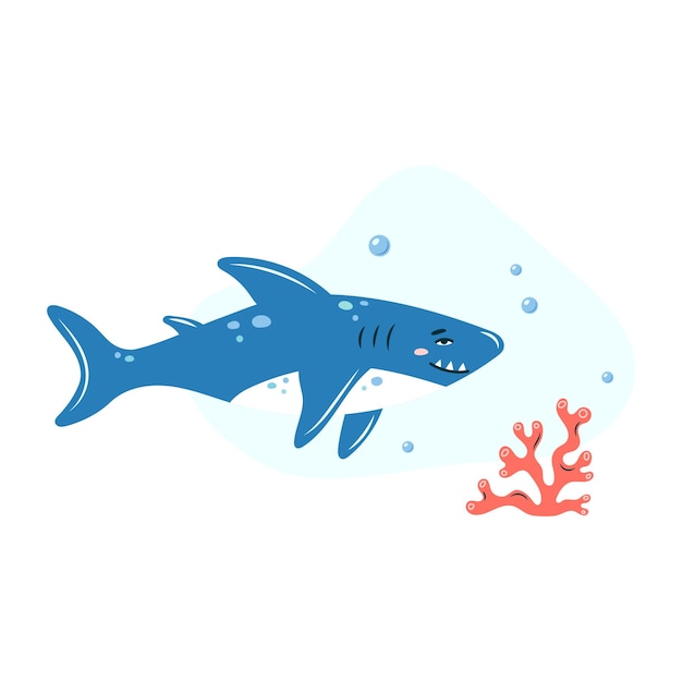 cute shark swims in the sea underwater poster with shark on white background character in childrens