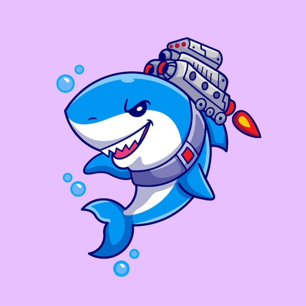 Jetpack 터보 기계 만화 벡터 아이콘 일러스트 동물 기술 아이콘을 입고 귀여운 상어