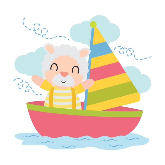 Vector cute sheep boy in the sailboat vector cartoon illustration