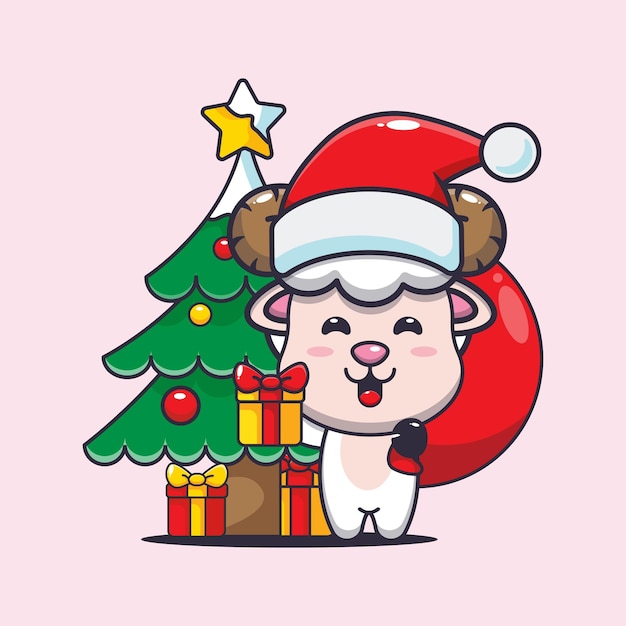 クリスマス プレゼントを運ぶかわいい羊。かわいいクリスマス漫画イラスト。