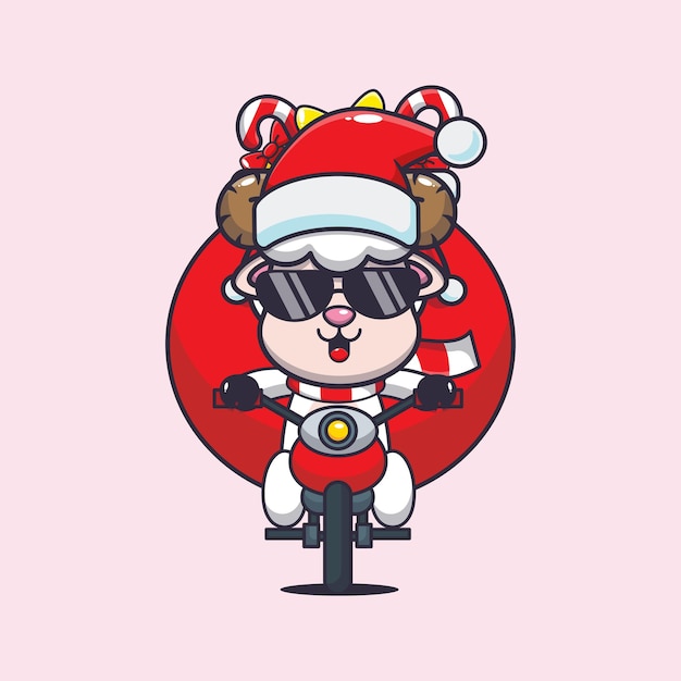 Cute sheep carrying christmas gift with motorcycle. Cute christmas cartoon illustration.