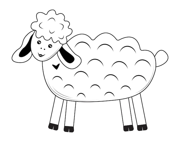 Cute sheep curious and happy farm animal vector black and white illustration