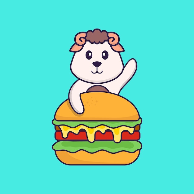 Cute sheep eating burger Animal cartoon concept isolated