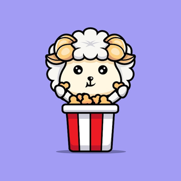 Vettore carino pecore che mangiano popcorn cartone animato icona carattere chibi animale mascotte illustrazione vettore