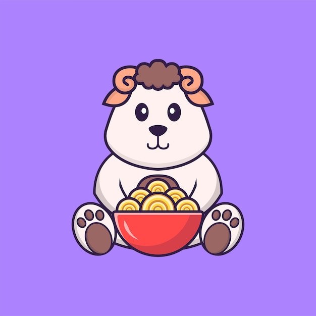 Cute sheep eating ramen noodles. Animal cartoon concept isolated. Flat Cartoon Style