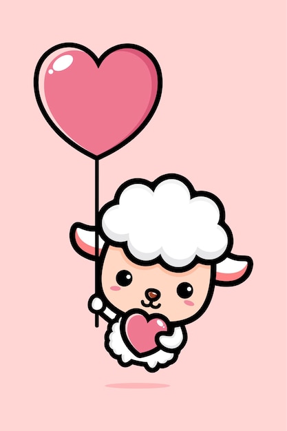 Vector cute sheep flying with love balloons