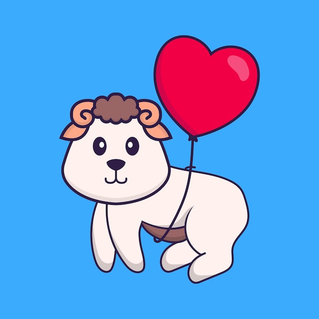 Cute sheep flying with love shaped balloons animal cartoon concept isolated