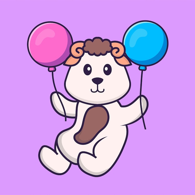 Cute sheep flying with two balloons. Animal cartoon concept isolated.