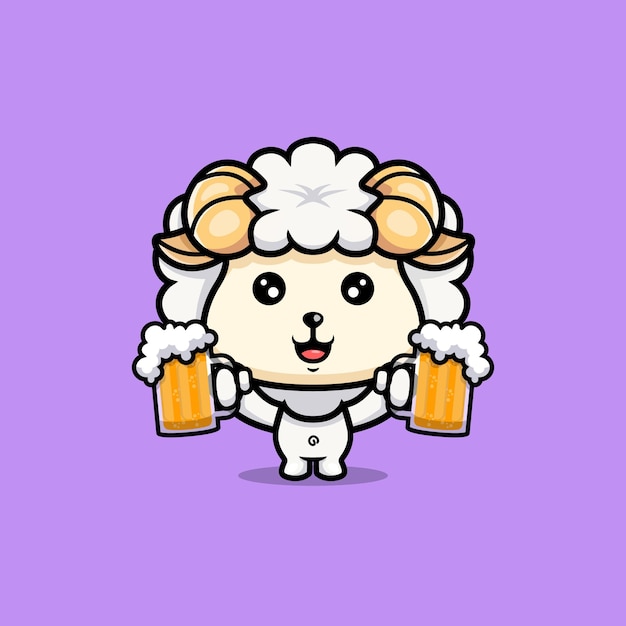 ビール漫画アイコンキャラクターちび動物マスコットイラストベクトルを保持しているかわいい羊