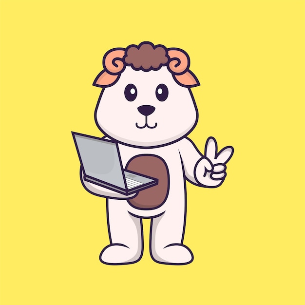 Vector cute sheep holding laptop. animal cartoon concept isolated. flat cartoon style