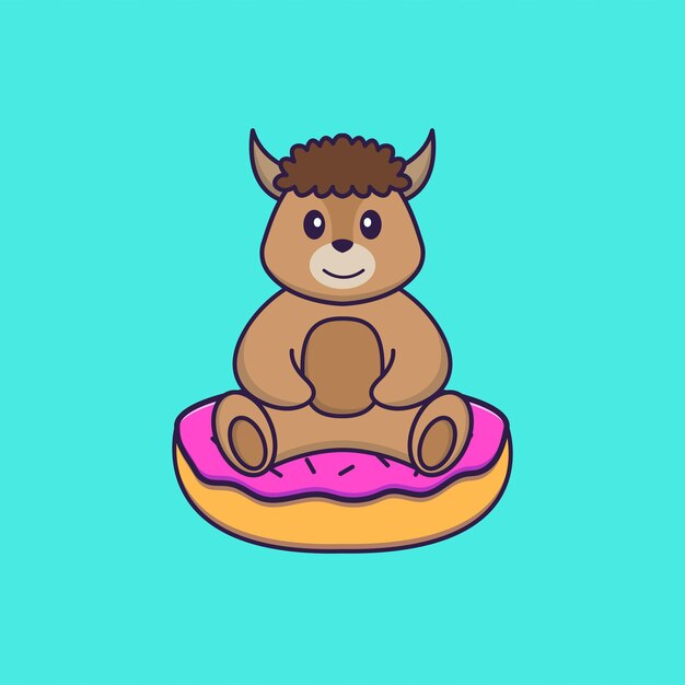 Cute sheep is sitting on donuts. Animal cartoon concept isolated.