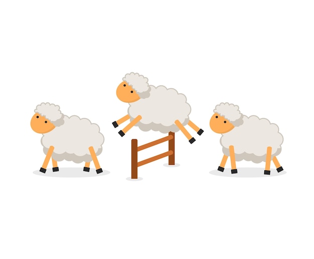 Vector cute sheep jumping over fence isolated on white background counting sheep to fall asleep