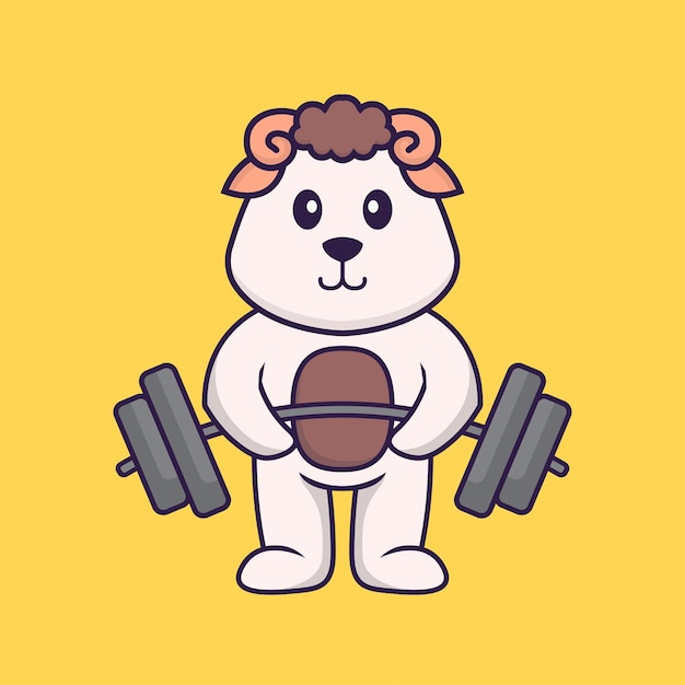 Cute sheep lifts the barbell. Animal cartoon concept isolated.