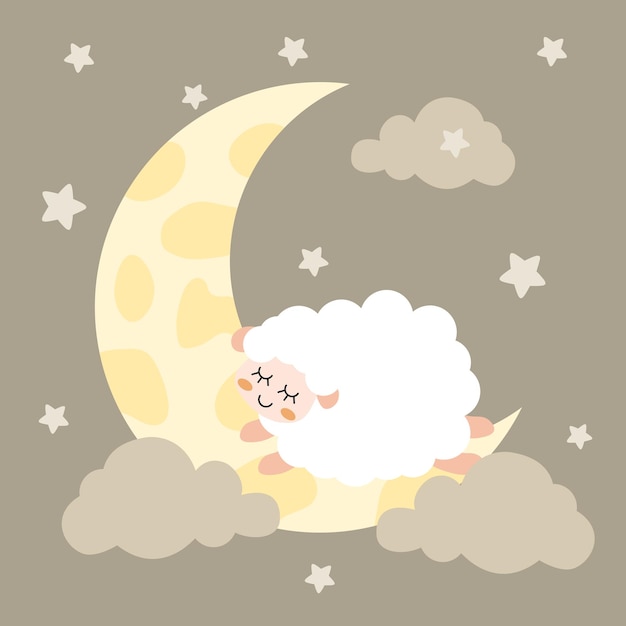 Cute sheep on moon with clouds