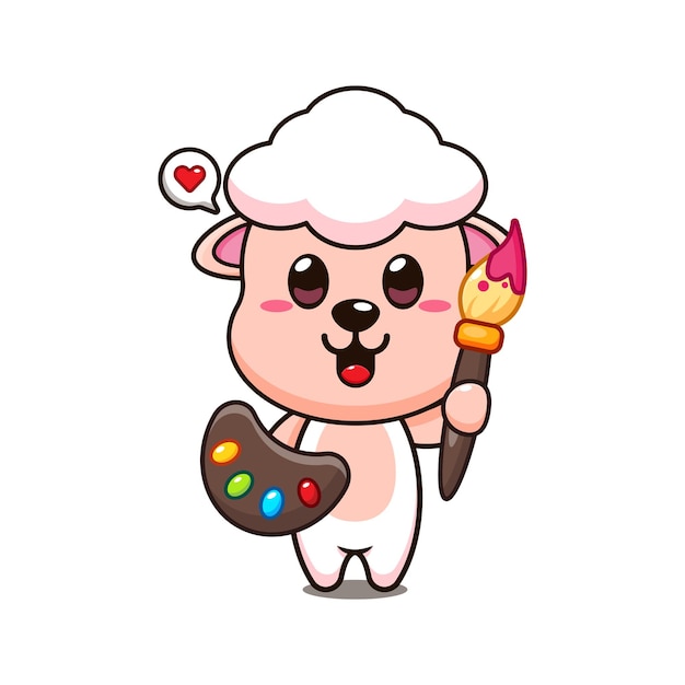 cute sheep painter cartoon vector illustration