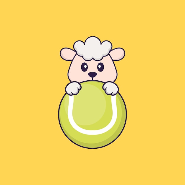 Cute sheep playing tennis Animal cartoon concept isolated