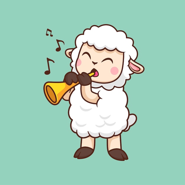 Милые овцы, играющие на трубе Карикатурный вектор Икона иллюстрация Икона музыки животных Изолированный плоский вектор
