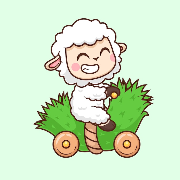 Vector cute sheep riding grass motorcycle toy cartoon vector icon illustration animal transportation flat