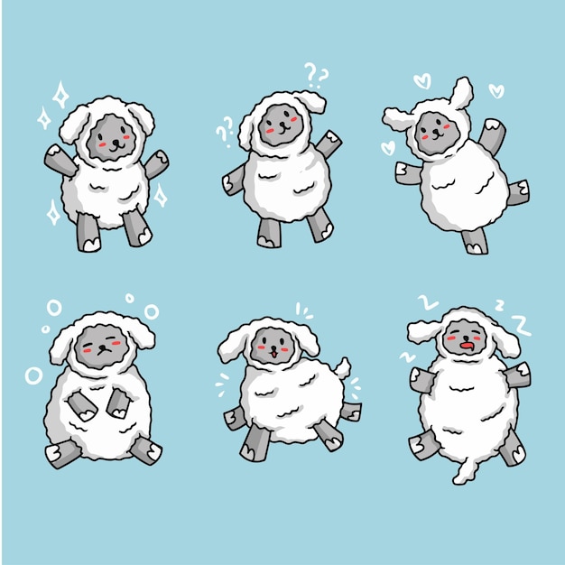 Cute sheep set Standing jumping and lying Vector illustration