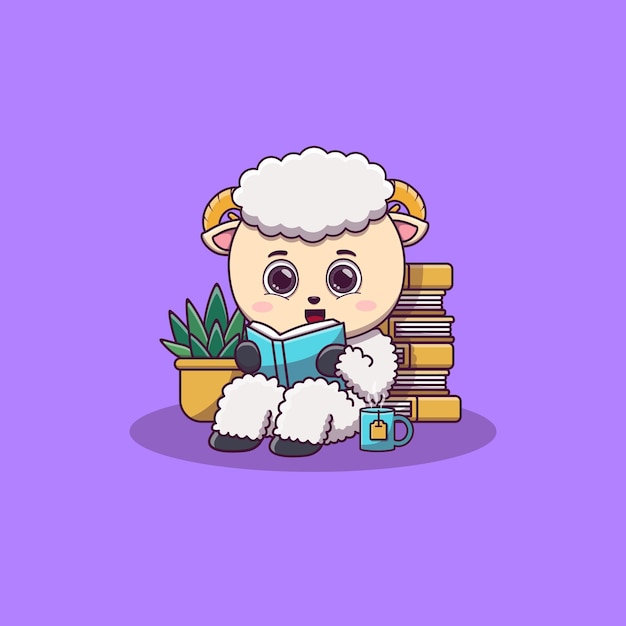 Cute sheep sitting while reading book