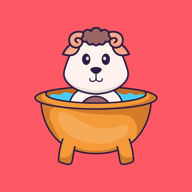 Cute sheep taking a bath in the bathtub animal cartoon concept isolated